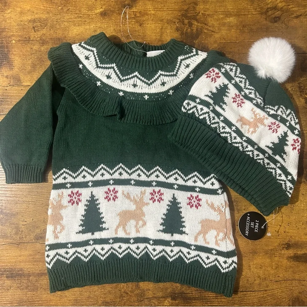 Nicole Miller NY Baby Girl Christmas Knit Sweater Dress  and Hat NEW 3-6 Months